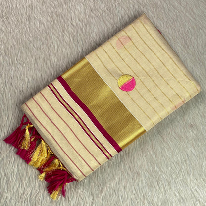 Shobana Uthradam Tissue Kerala Saree with Golden Lines and Butta work Pink
