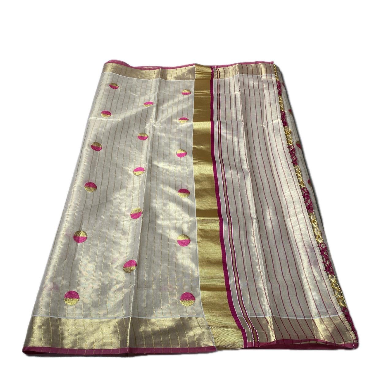 Shobana Uthradam Tissue Kerala Saree with Golden Lines and Butta work Pink