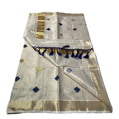 Uthram Kerala Kasavu Saree with Diamond Motifs Blue