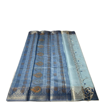 Kavya Checks Saree Sky Blue with Navy Blue Border