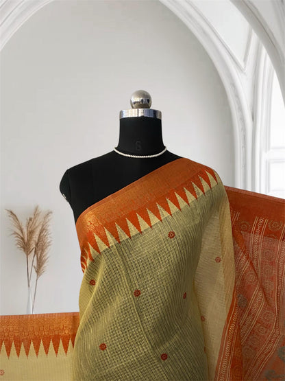 Kavya Checks Saree in Light Yellow with Orange Border
