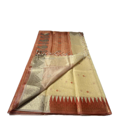 Kavya Checks Saree in Light Yellow with Orange Border