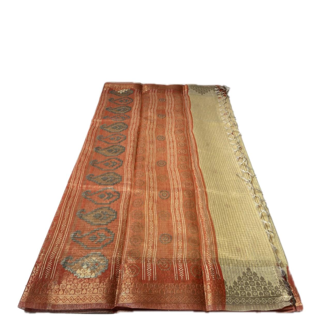Kavya Checks Saree in Light Yellow with Orange Border