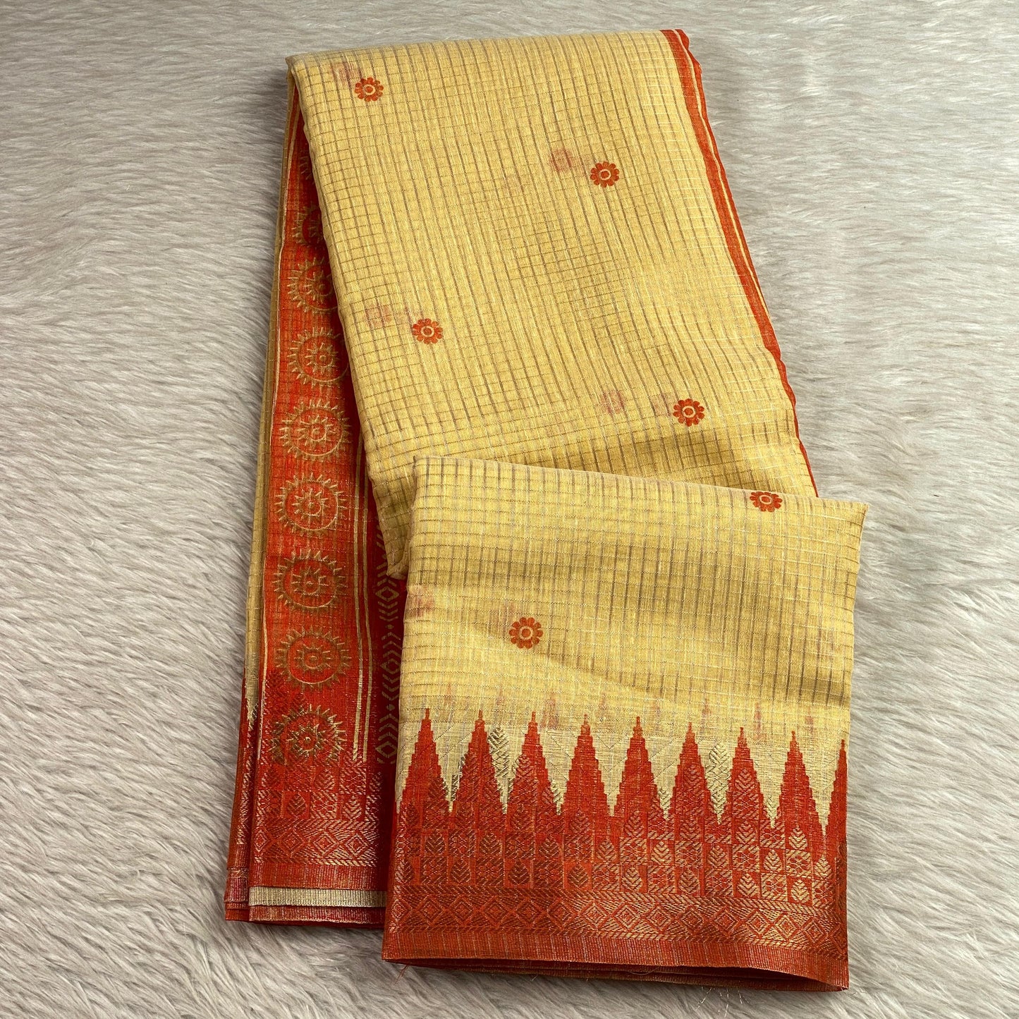 Kavya Checks Saree in Light Yellow with Orange Border