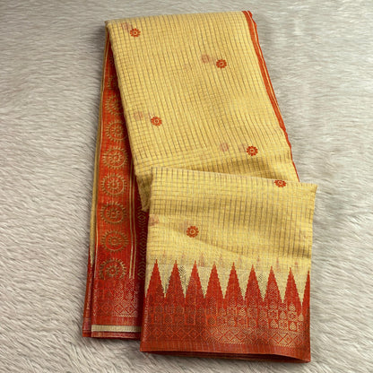 Kavya Checks Saree in Light Yellow with Orange Border