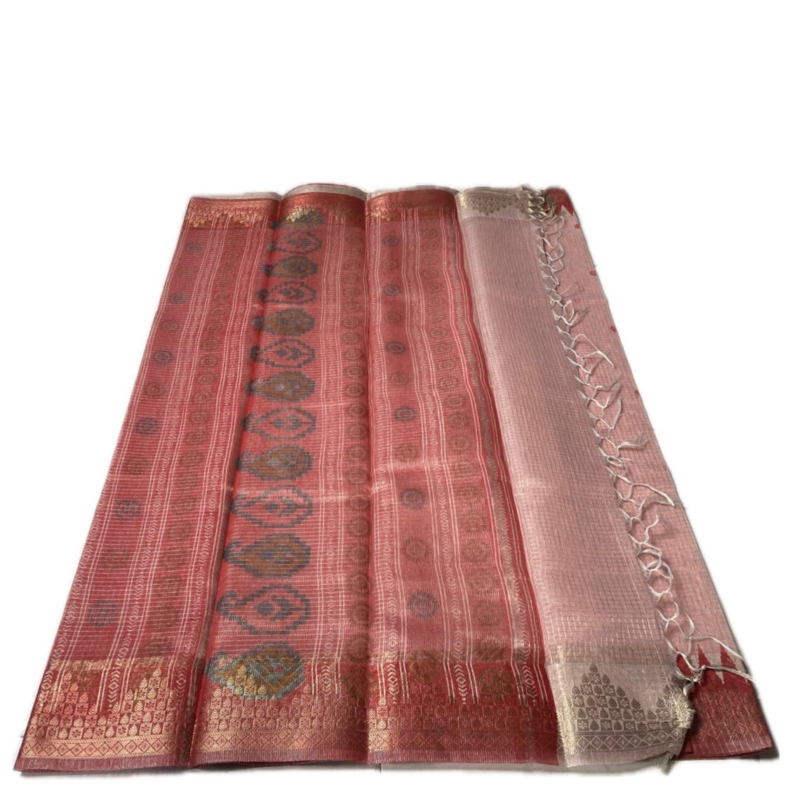 Kavya Checks Saree in Pink with Red Border