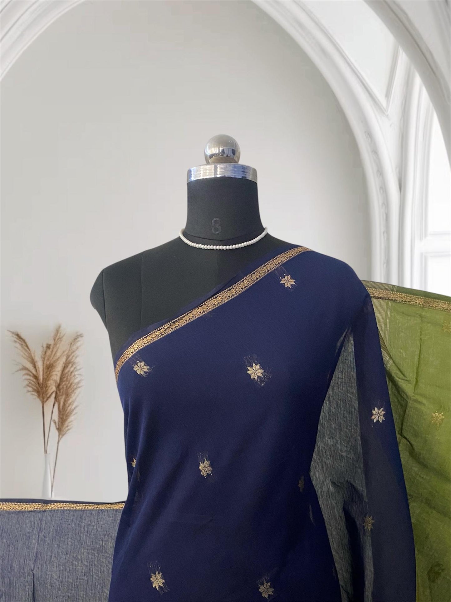 Maheshwari Cotton Saree Blue with Olive Green Border