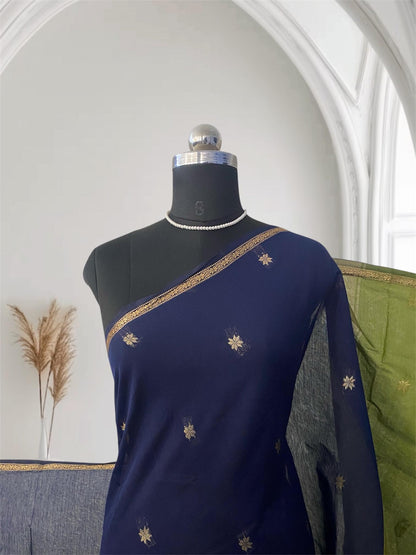 Maheshwari Cotton Saree Blue with Olive Green Border