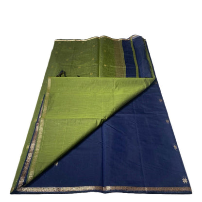 Maheshwari Cotton Saree Blue with Olive Green Border
