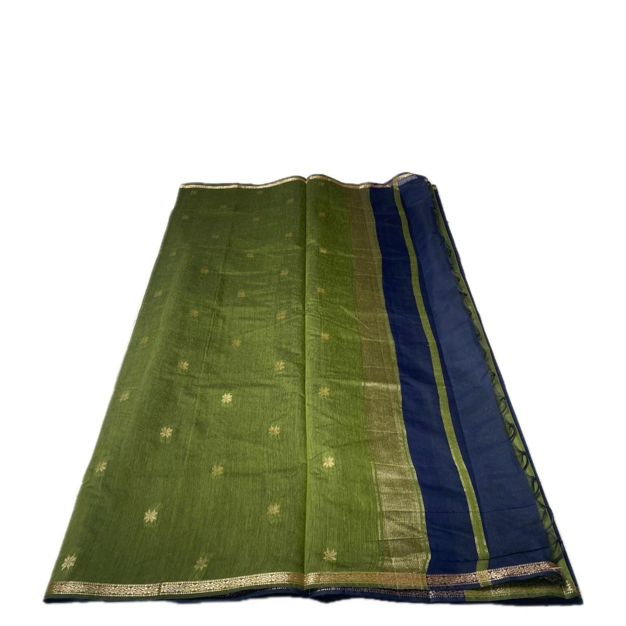 Maheshwari Cotton Saree Blue with Olive Green Border