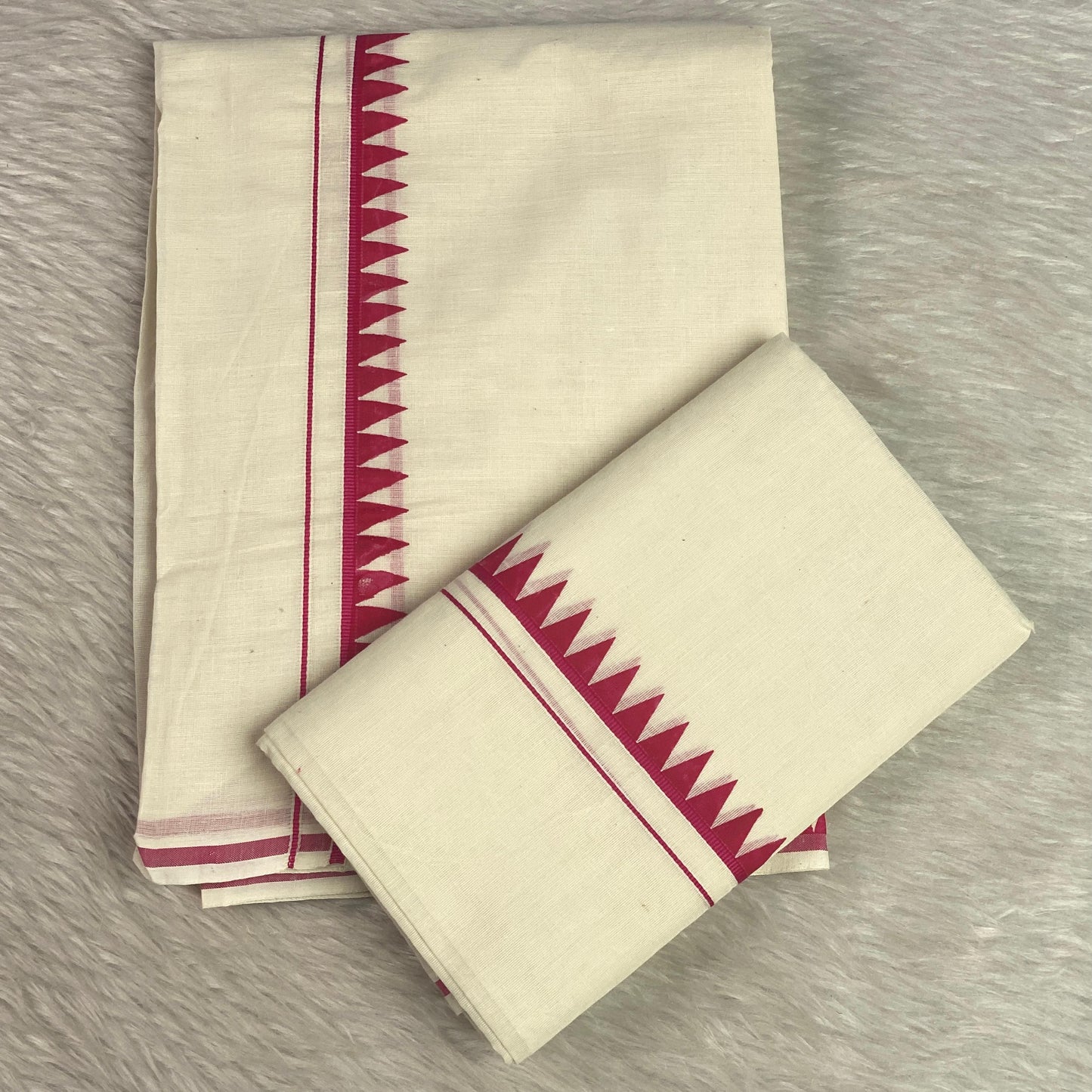Manthra Kerala Traditional Set Mundu with Temple Triangle Design Pink