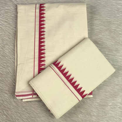 Manthra Kerala Traditional Set Mundu with Temple Triangle Design Pink