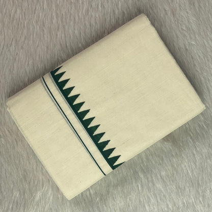 Manthra Kerala Traditional Set Mundu with Temple Triangle Design Dark Green