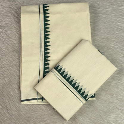 Manthra Kerala Traditional Set Mundu with Temple Triangle Design Dark Green