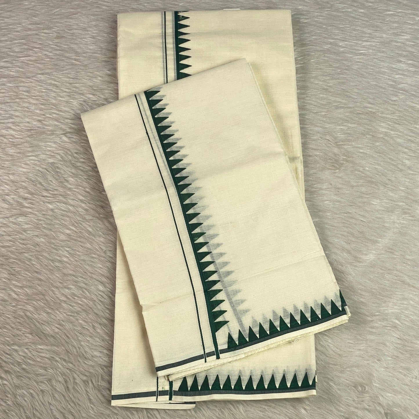 Manthra Kerala Traditional Set Mundu with Temple Triangle Design Dark Green