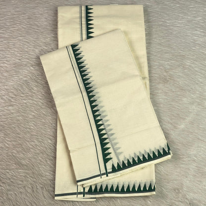 Manthra Kerala Traditional Set Mundu with Temple Triangle Design Dark Green