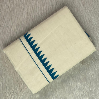 Manthra Kerala Traditional Set Mundu with Temple Triangle Design Blue
