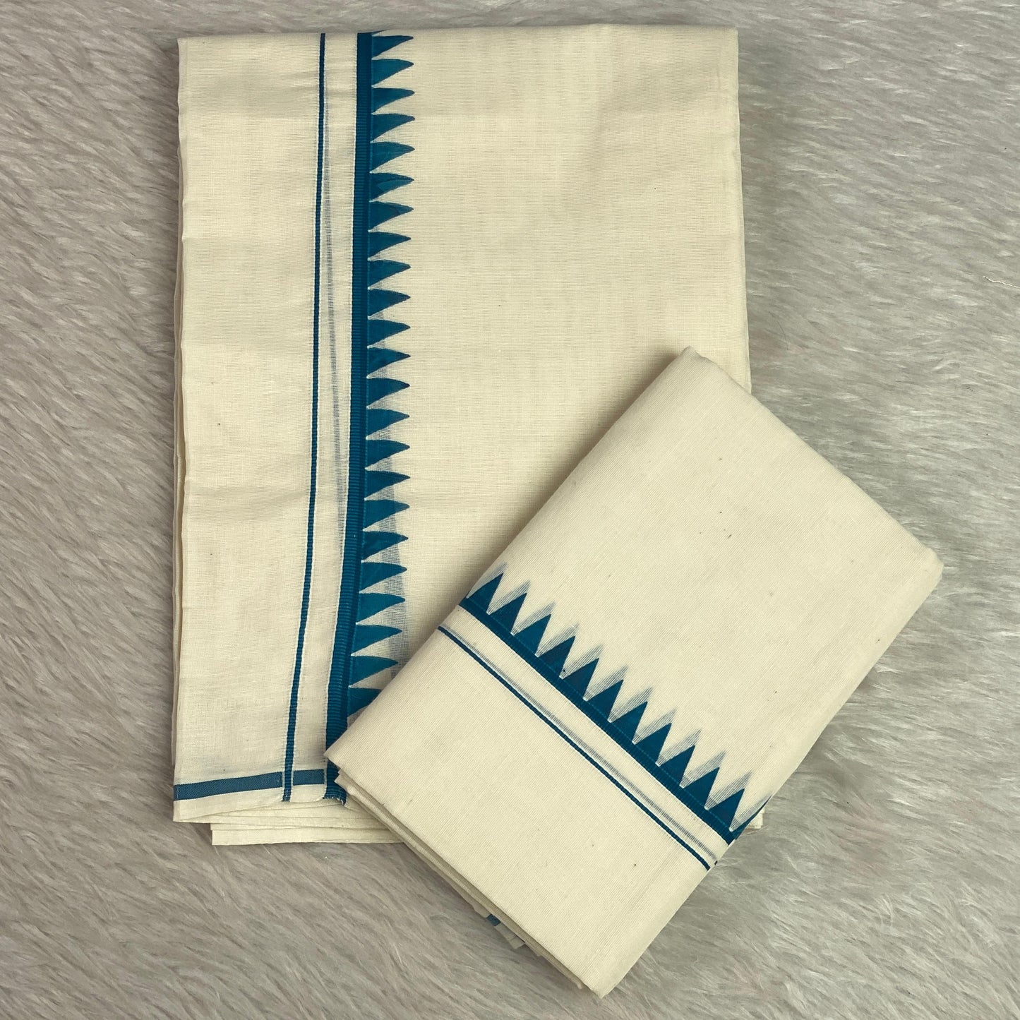 Manthra Kerala Traditional Set Mundu with Temple Triangle Design Blue