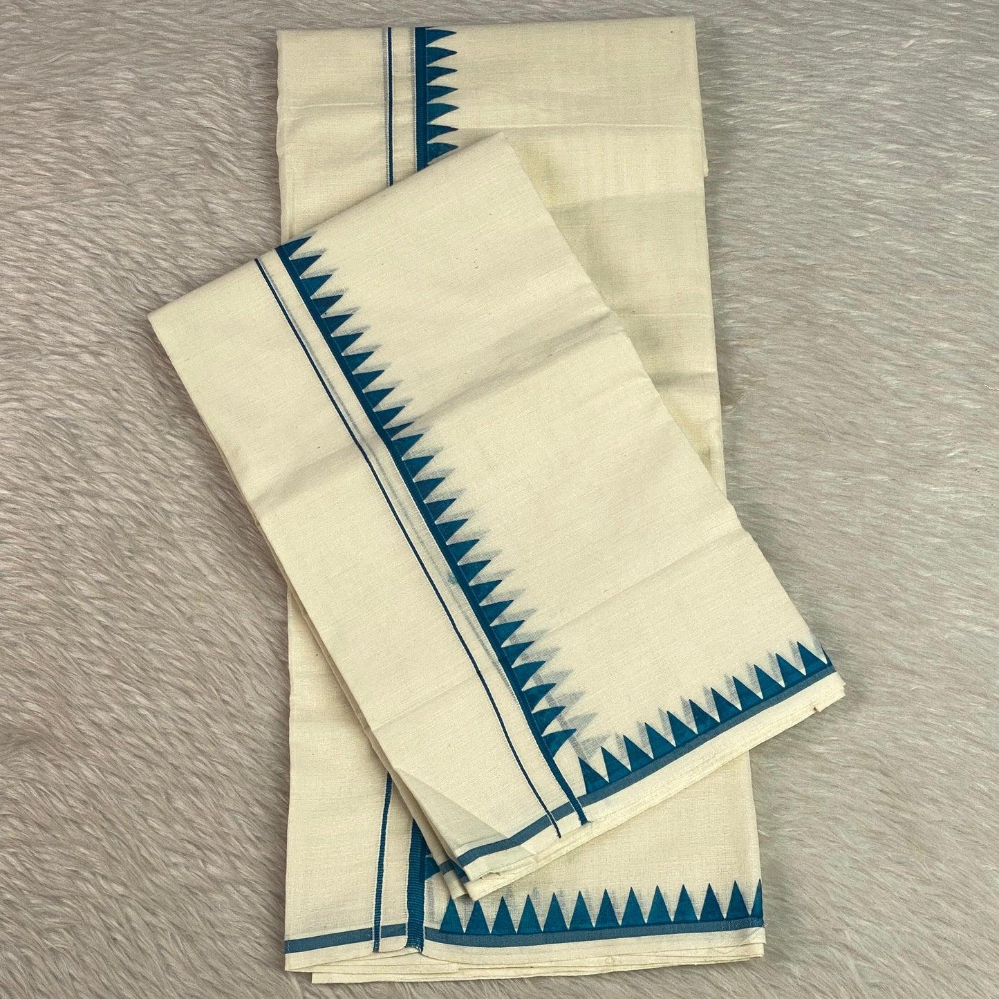 Manthra Kerala Traditional Set Mundu with Temple Triangle Design Blue