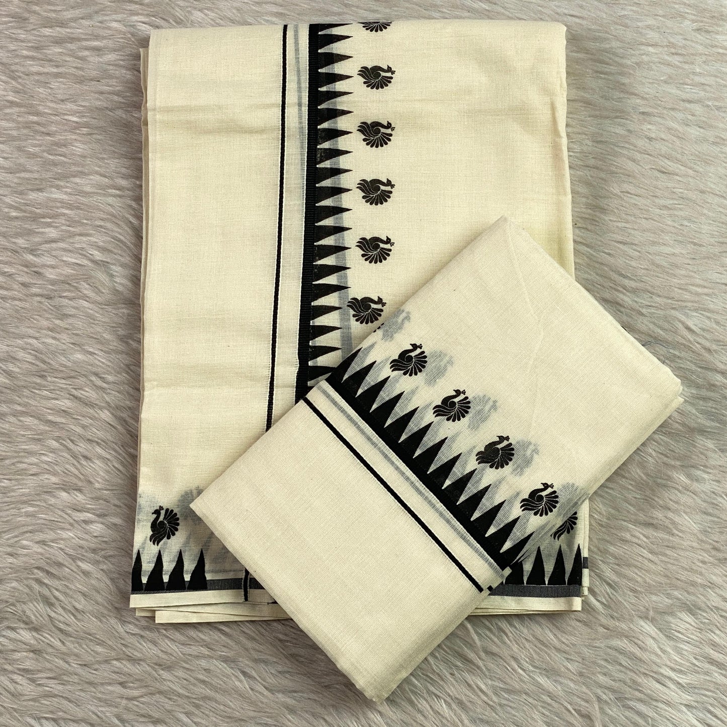Devaki Peacock & Geometric Motif Set Mundu Black