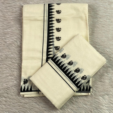 Devaki Peacock & Geometric Motif Set Mundu Black