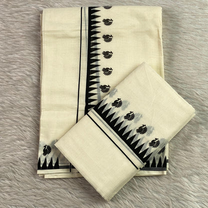 Devaki Peacock & Geometric Motif Set Mundu Black