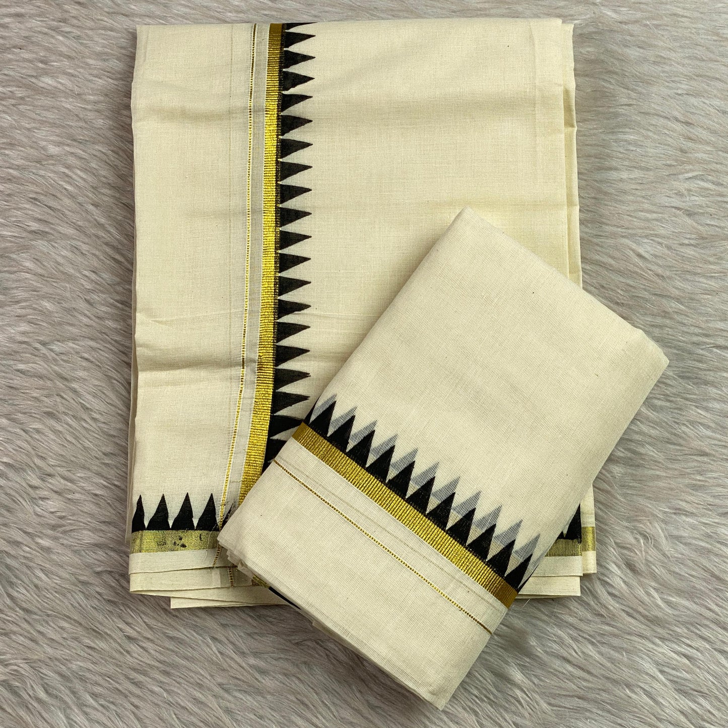 Thriketta Gold Edged Black Kara Temple Pattern Set Mundu (Dress Code)