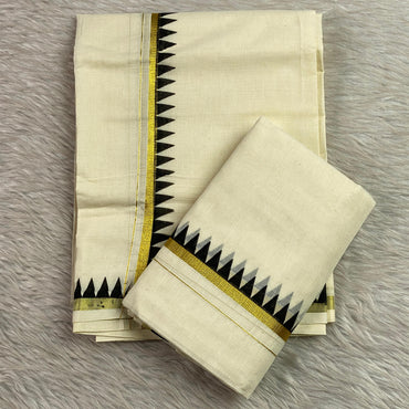 Thriketta Gold Edged Black Kara Temple Pattern Set Mundu (Dress Code)