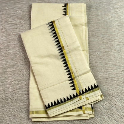 Thriketta Gold Edged Black Kara Temple Pattern Set Mundu (Dress Code)