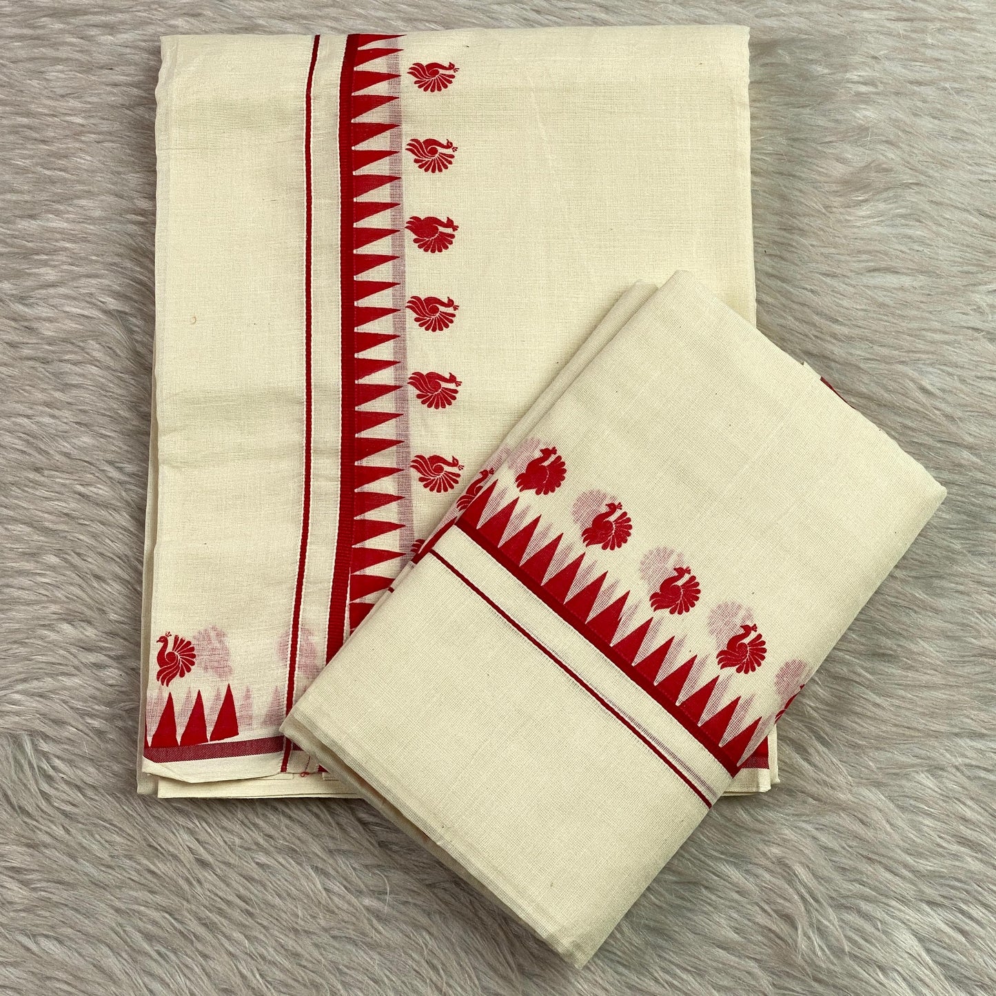 Devaki Peacock & Geometric Motif Set Mundu Red