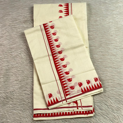 Devaki Peacock & Geometric Motif Set Mundu Red