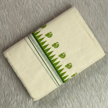 Devaki Peacock & Geometric Motif Set Mundu Green