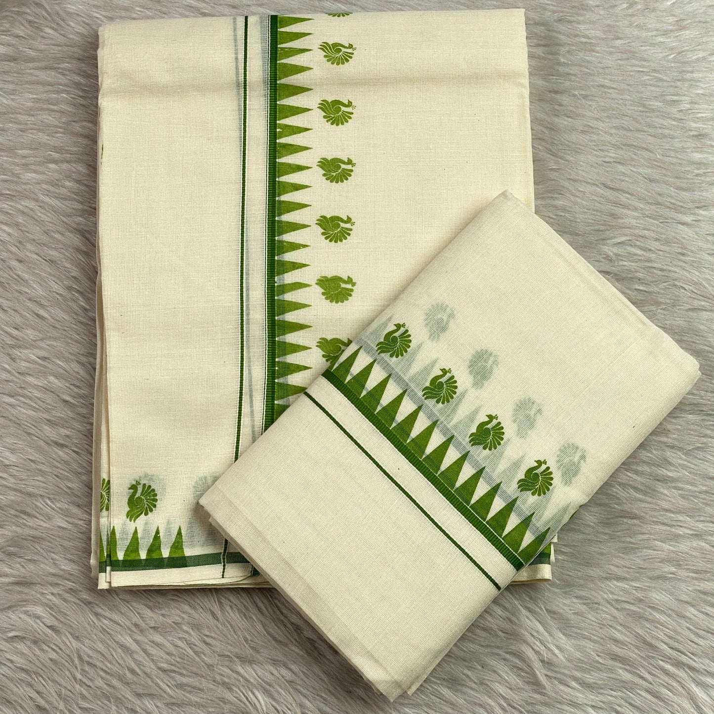 Devaki Peacock & Geometric Motif Set Mundu Green