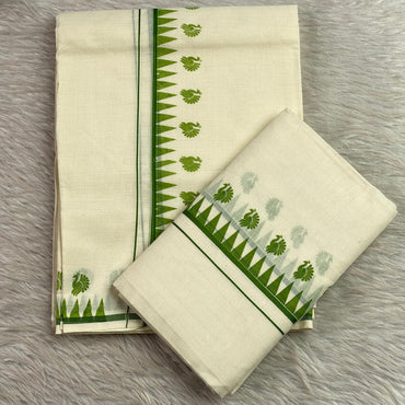 Devaki Peacock & Geometric Motif Set Mundu Green
