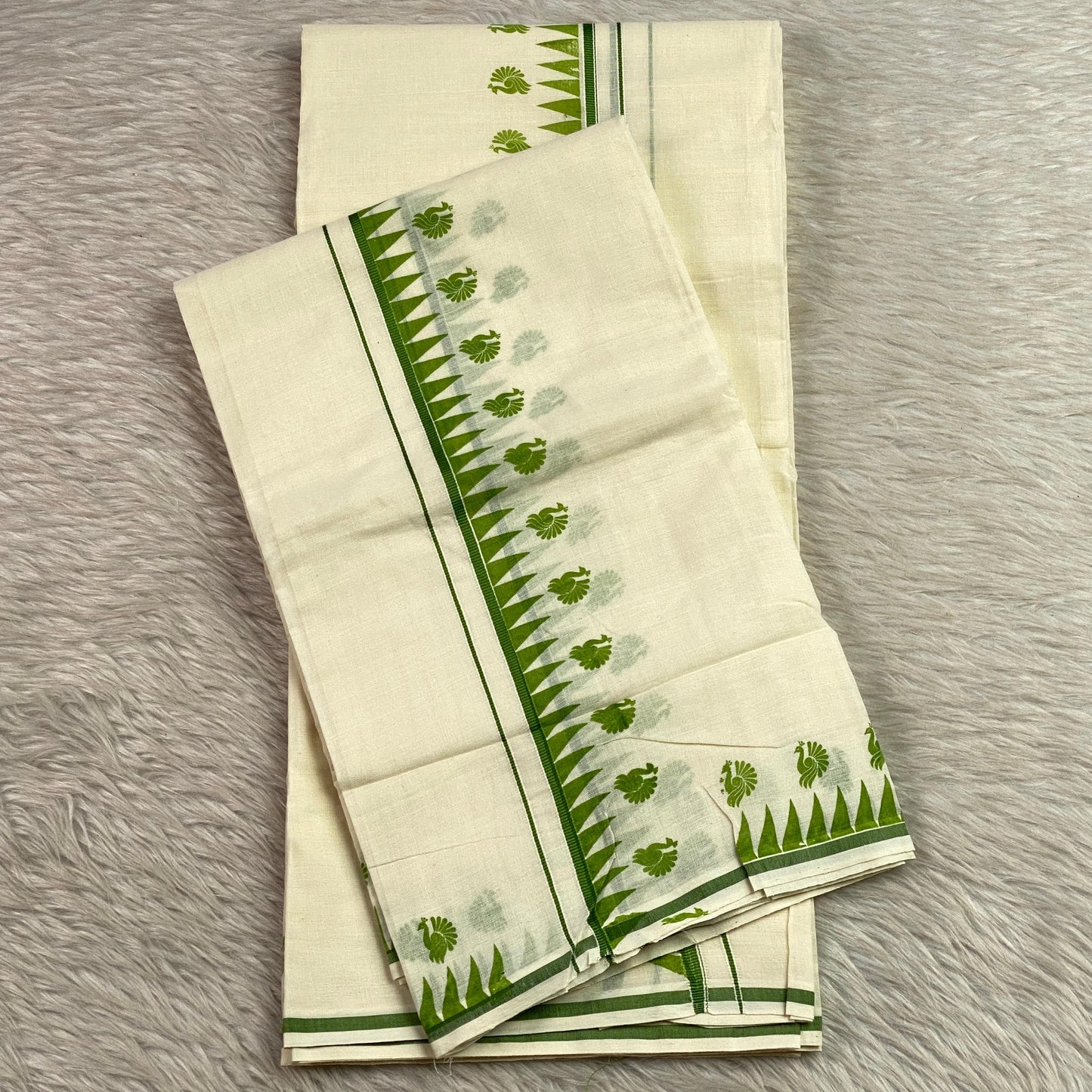 Devaki Peacock & Geometric Motif Set Mundu Green