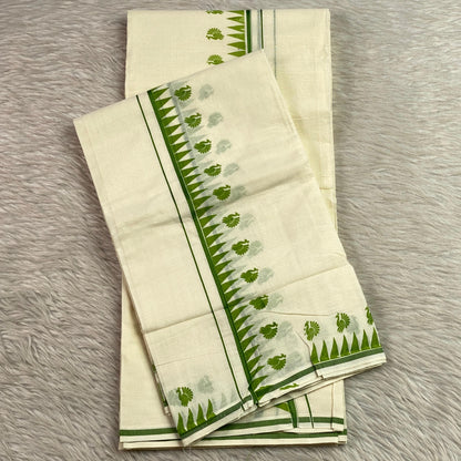 Devaki Peacock & Geometric Motif Set Mundu Green