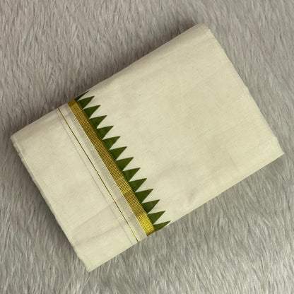 Thriketta Gold Edged Green Kara Temple Pattern Set Mundu (Dress Code)