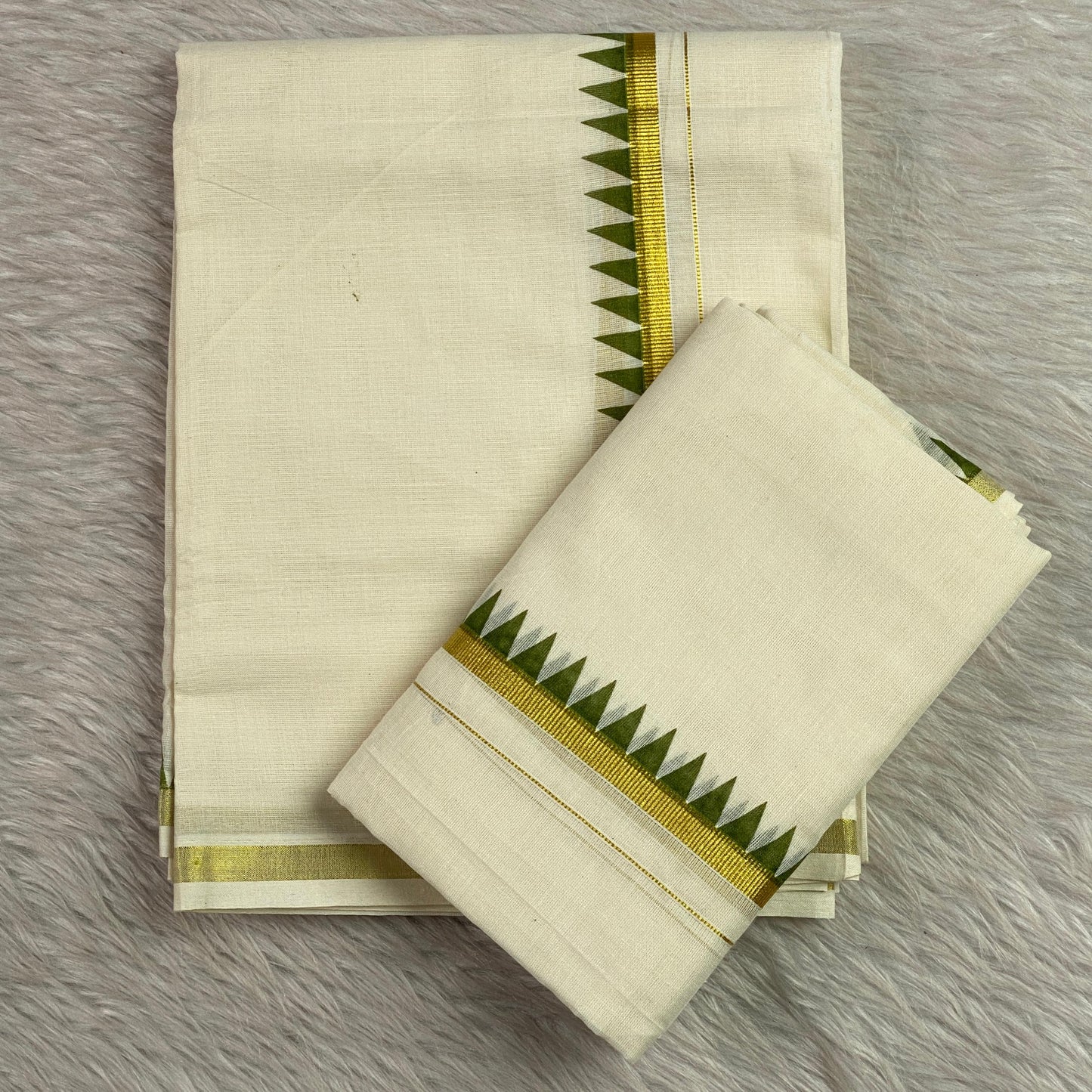 Thriketta Gold Edged Green Kara Temple Pattern Set Mundu (Dress Code)