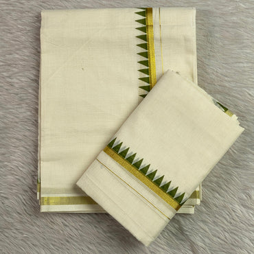 Thriketta Gold Edged Green Kara Temple Pattern Set Mundu (Dress Code)