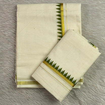 Thriketta Gold Edged Green Kara Temple Pattern Set Mundu (Dress Code)
