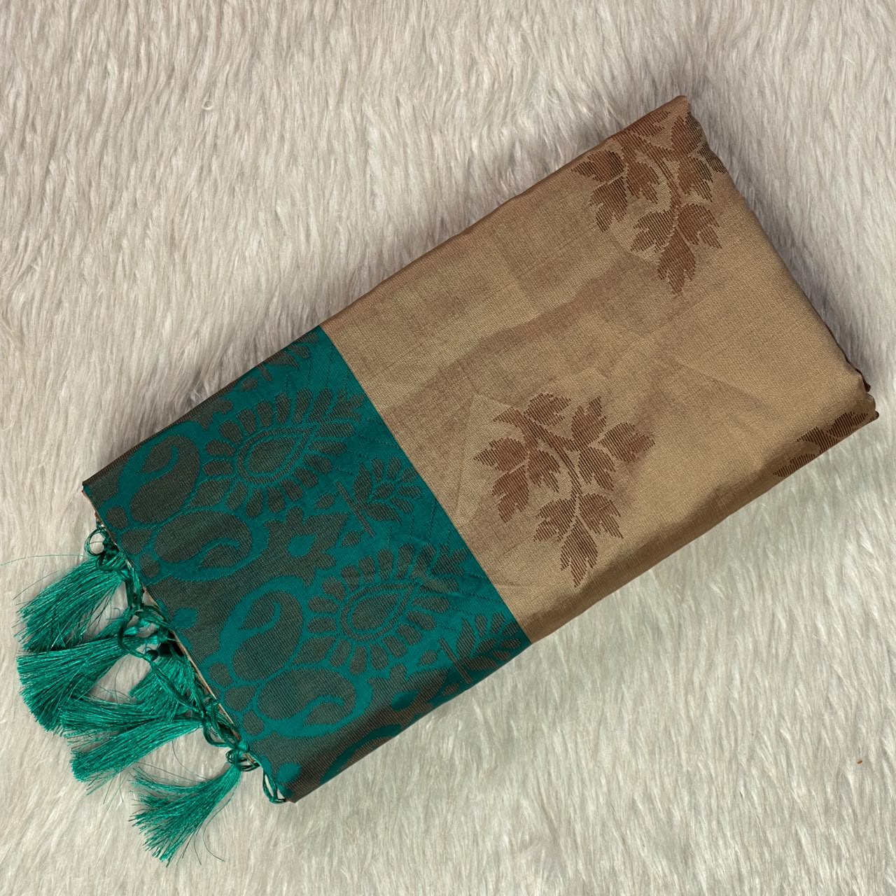 Theertha Soft Silk Saree Chikku with Green Border