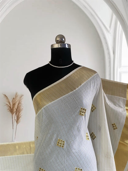 Meenam Royal Blue Kasavu Saree with Lines Golden Zari