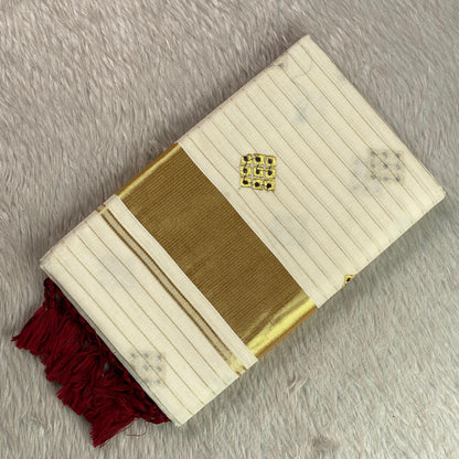 Meenam Maroon Kasavu Saree with line Golden Zari