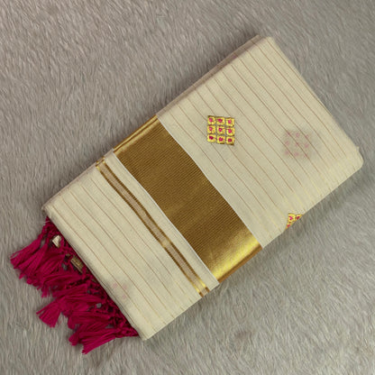 Meenam Pink Kasavu Saree with lines Golden Zari