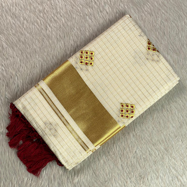 Meenam Maroon Kasavu Saree with Golden Checks Zari