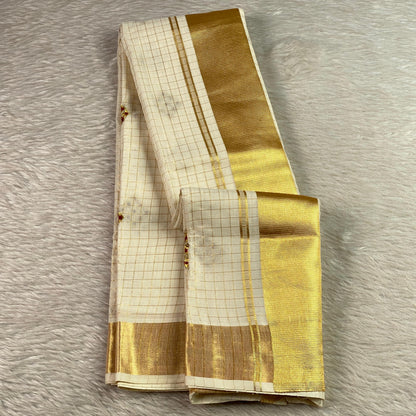 Meenam Maroon Kasavu Saree with Golden Checks Zari