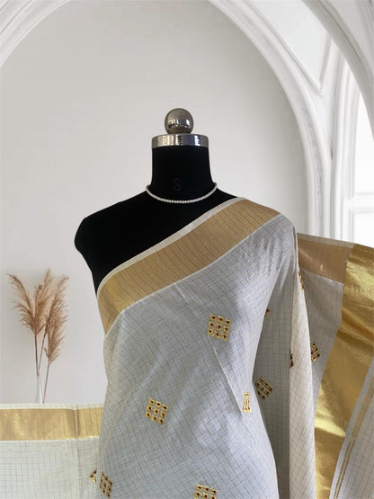 Meenam Maroon Kasavu Saree with Golden Checks Zari