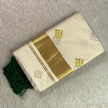 Meenam Green Kasavu Saree with Golden Checks Zari