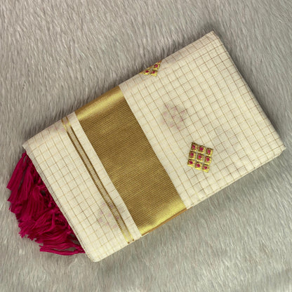 Meenam Pink Kasavu Saree with Golden Checks Zari