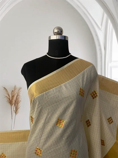 Meenam Pink Kasavu Saree with Golden Checks Zari